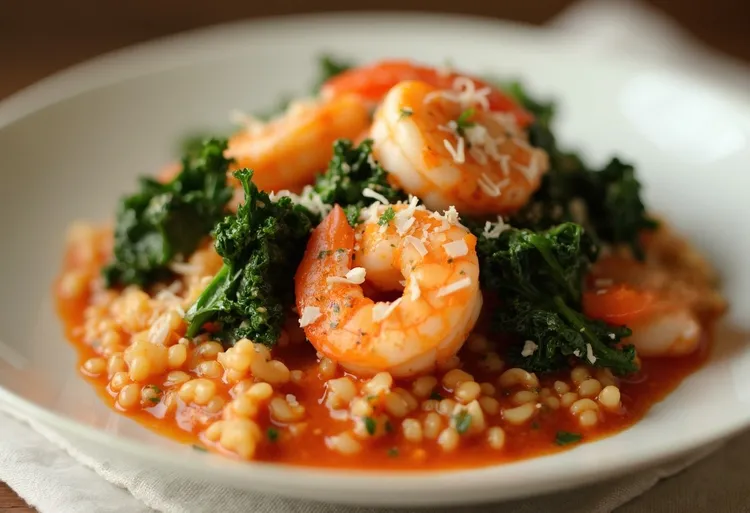Coconut oil shrimp and kale couscous with parmesan cheese