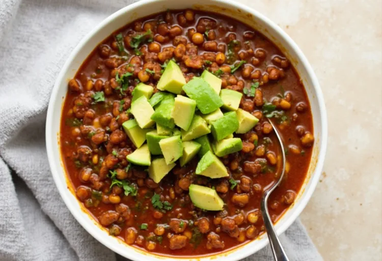 One-pot vegan lentil chili with avocado