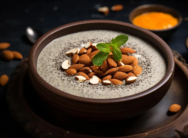 Coconut chia pudding with almonds and honey
