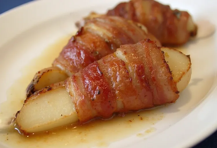 Paleo bacon-wrapped pears with maple glaze