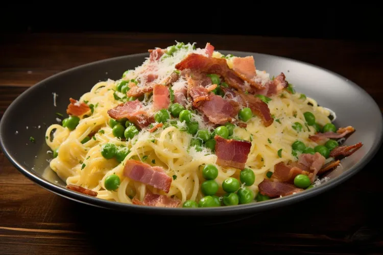 Pasta carbonara with bacon, peas and parmesan cheese