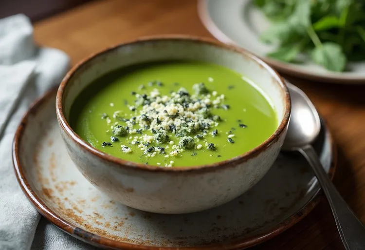Pea, potato & parsley soup with blue cheese breadcrumbs