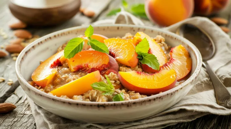 Warm peach cobbler oatmeal with pecans