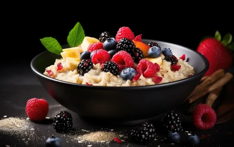 Peanut butter oatmeal bowl with coconut, berries and chia seeds