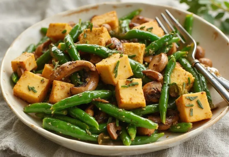 Peanut tofu stir-fry with green beans and shiitake mushrooms
