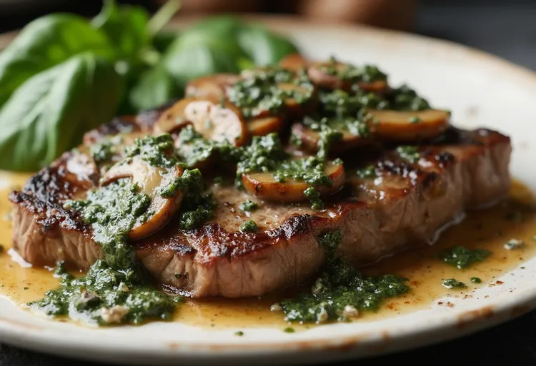 Peppered steak with blue cheese and mushroom sauce