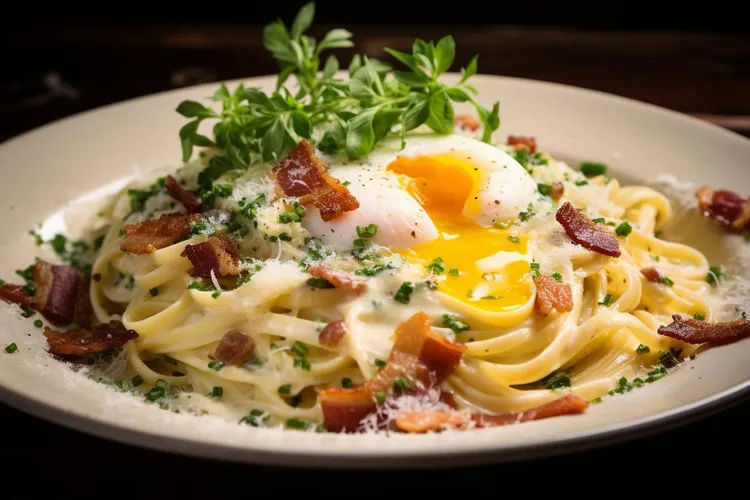 Peppery bacon carbonara with poached egg