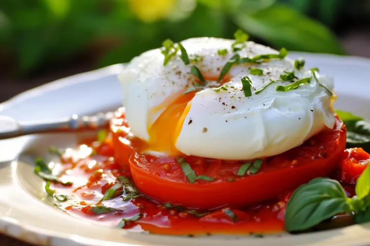 Poached eggs with bacon and tomatoes