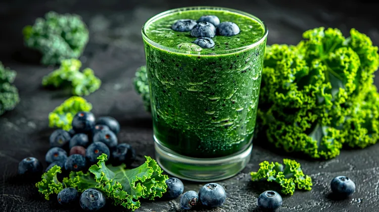 Green smoothie with kale, orange, blueberries and chia seeds
