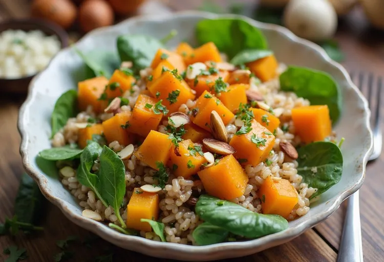 Pumpkin, brown rice and spinach salad