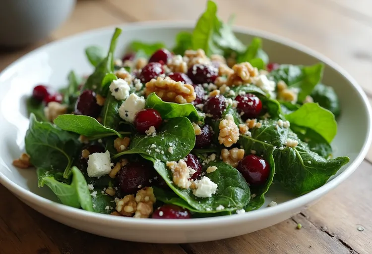 Cranberry walnut spinach salad with blue cheese and vinegar