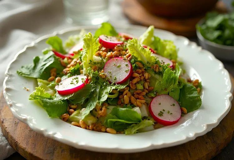 Red leaf, radish and pine nut salad