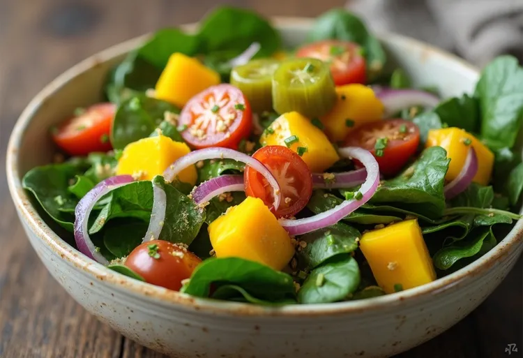 Mediterranean spinach salad with mango, pickles and tomatoes