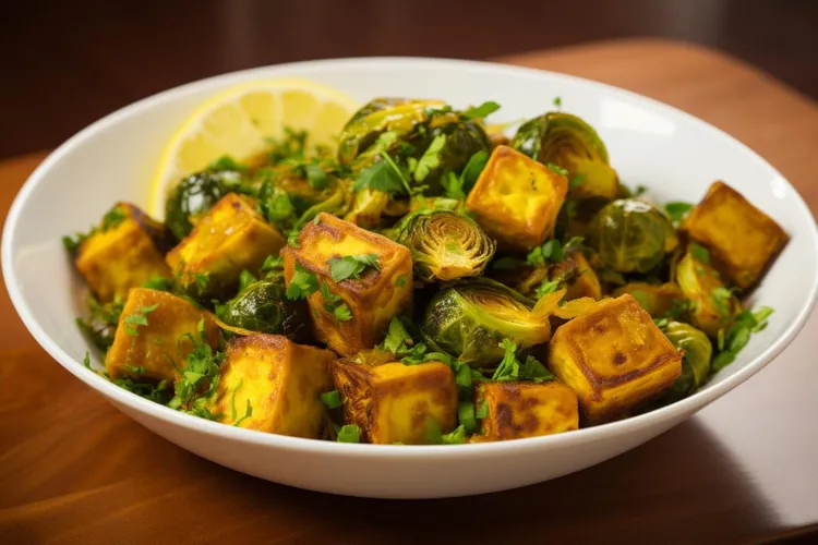 Roasted tofu and brussels sprouts