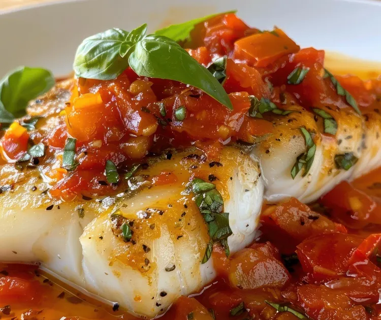Roasted cod with garlic croutons and tomato basil sauce