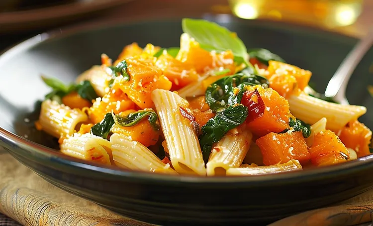 Roasted pumpkin and bacon pasta with lemon ricotta