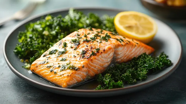 Garlic-roasted salmon with kale