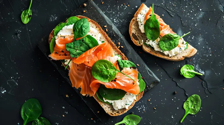 Smoked salmon and cream cheese toast with spinach