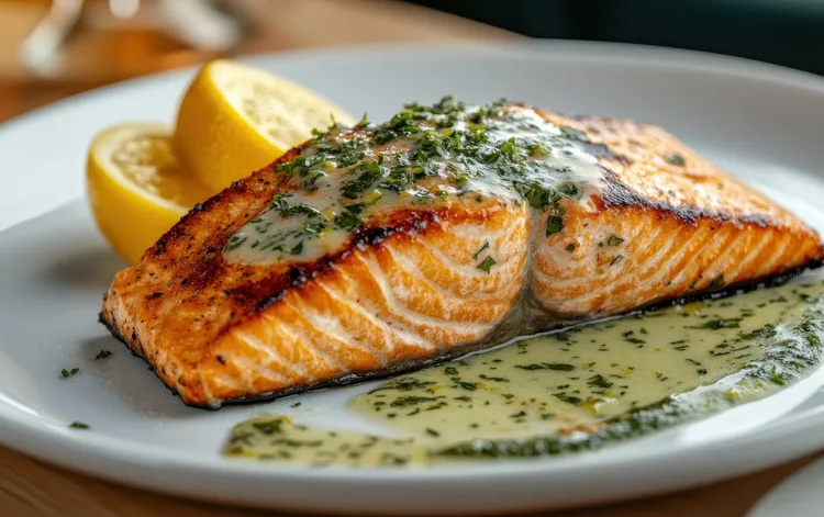Salmon with horseradish green goddess sauce