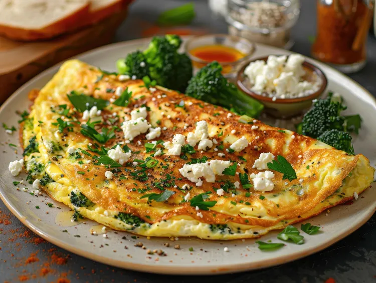 Broccoli, feta and dill omelet with rye toast