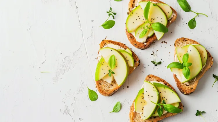 Edamame and pear crostini with parmesan and spearmint