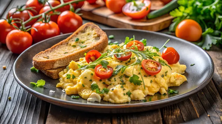 Goat cheese, tomato and parsley scramble with multi-grain toast