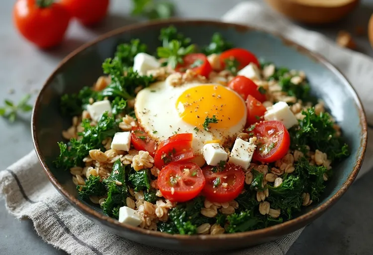 Kale and spinach oatmeal with garlic, goat cheese and rosemary