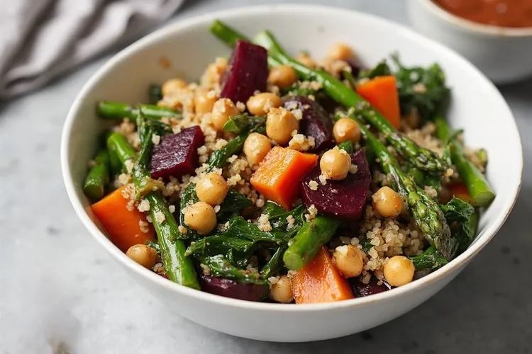 Roasted veggie bowl with creamy tahini dressing