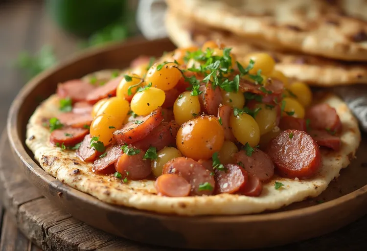 Sausage and grapes with red wine and pita bread