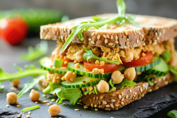 Tomato and hummus sandwich on rye bread