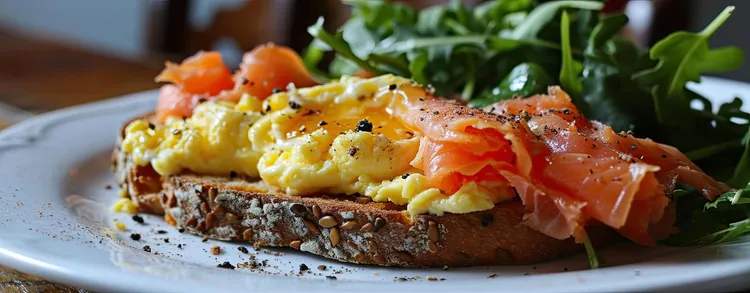 Smoked salmon avocado scramble on whole-wheat toast