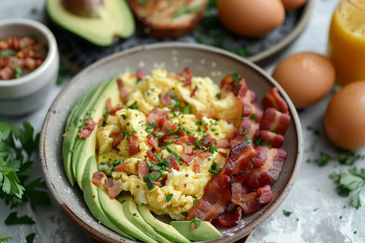 Scrambled eggs with bacon and avocado