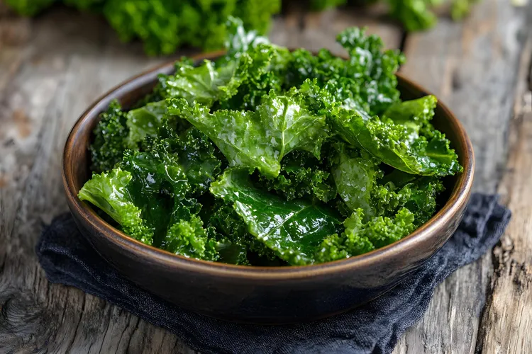 Kale salad with sesame butter, olive oil, honey and red pepper