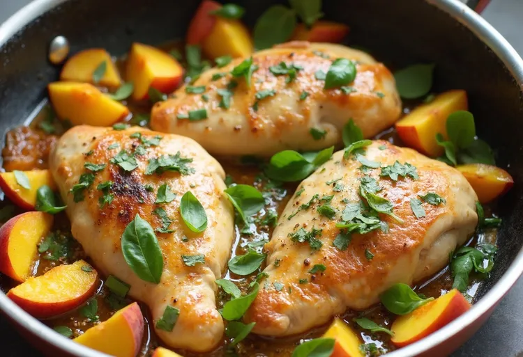 Skillet basil-peach chicken breasts