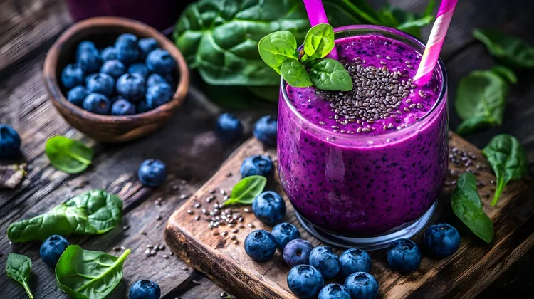 Skinny blueberry spinach smoothie with chia seeds