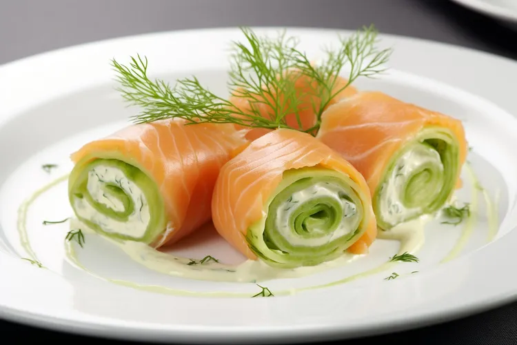 Smoked salmon rolls with avocado and cucumber cream cheese