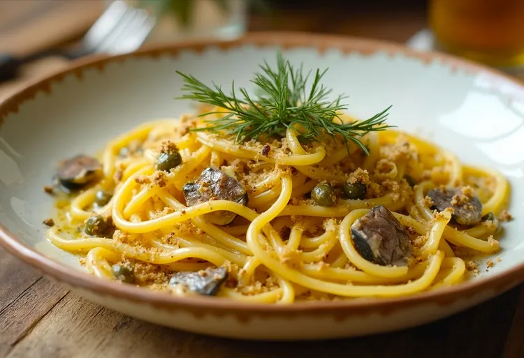 Spaghetti with sardines, dill and fried capers