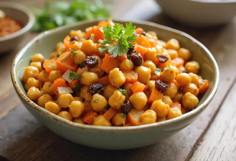 Spiced chickpea salad with cashews, raisins and vegetables