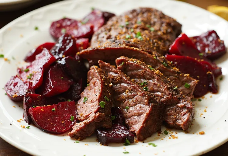 Spiced flank steak with roasted beets