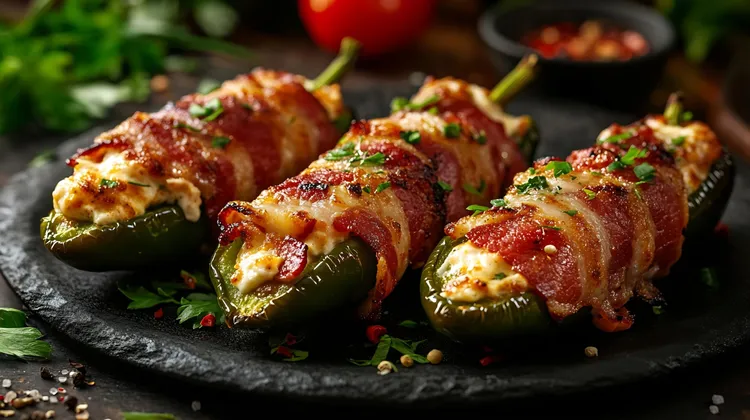 Bacon-wrapped jalapeno poppers with cream cheese and cheddar