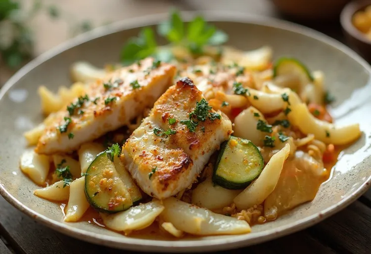 Cod stir-fry with cabbage and zucchini
