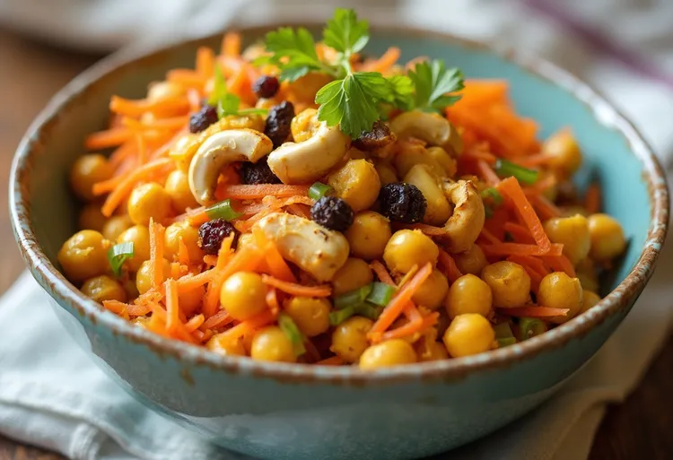 Curried chickpea salad with carrots, onion, raisins and cashews