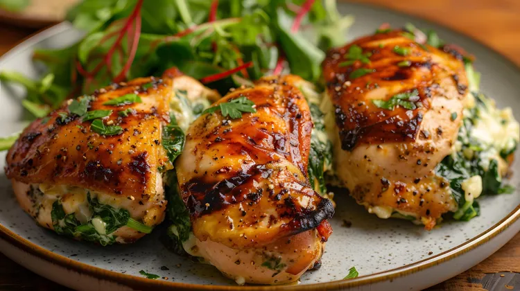 Kale and corn-stuffed chicken breasts with monterey cheese