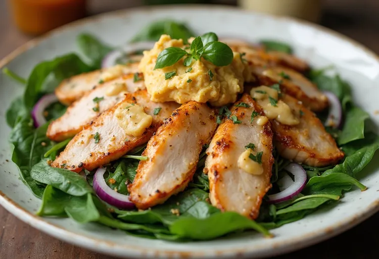 Paprika chicken hummus bowl with spinach and red onion