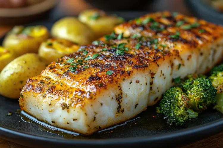 Paprika cod with roasted potatoes and broccoli