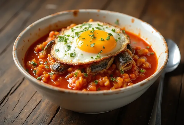 Sardine rice bowl with red pepper and tomato sauce