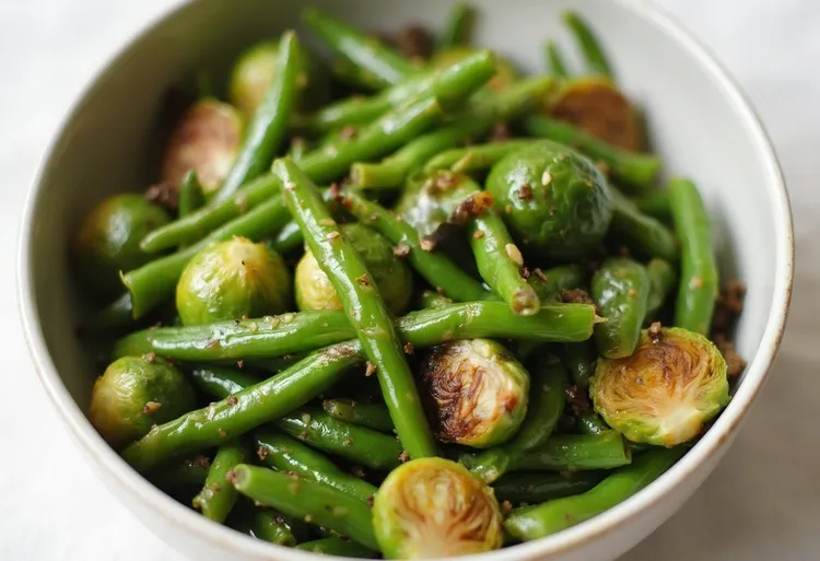 Sauteed green beans and brussels sprouts with mint