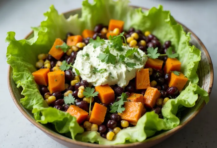 Salad with avocado-yogurt dressing