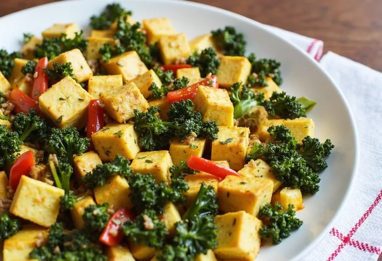Tofu scramble with kale and red pepper
