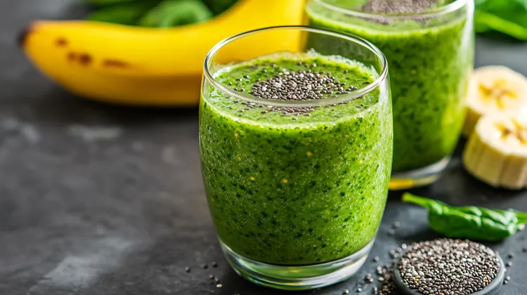 Green power smoothie with spinach, banana and chia seeds